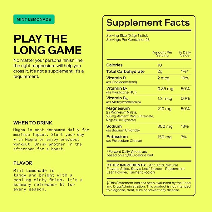 Magna Electrolyte Powder Drink Mix for Hydration, Energy & Focus Support with Magnesium L Threonate, Malate & Glycinate, Sodium, Potassium, Vitamin D, B6 & B12, Mint Lemonade Flavor, 14 Servings