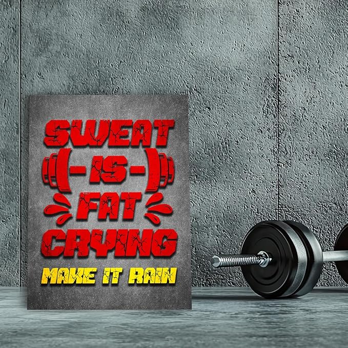 Gym Quotes Wall Art,Inspirational Workout Wall Decor,Sweat is Fat Crying Canvas Wall Art for Home Gym Exercise Fitness Room