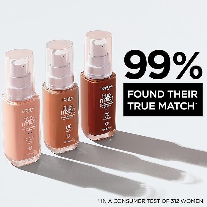 L'Oreal Paris True Match Super-Blendable Foundation, Medium Coverage Liquid Foundation Makeup, W4, Light Medium, 1 Fl Oz