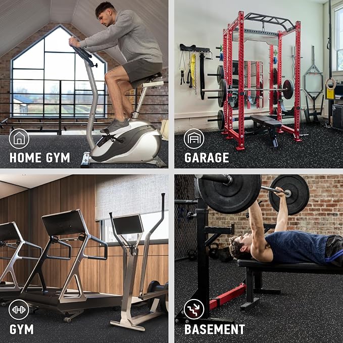 AIRHOP 0.56in Thick 48 Sq Ft Exercise Equipment Mats, 12 Tiles Upgraded Rubber Top with High Density EVA Foam, Large Interlocking Puzzle Gym Flooring for Home Gym, Heavy Weight Workout,Black