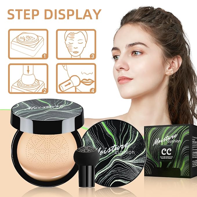 Mushroom Head Air Cushion CC Cream - BB Cream Foundation Makeup Moisturizing Concealer Long-Lasting, Cushion Foundation Full Coverage Self Adjusting for Mature Skin & All Skin Types (Medium Deep)