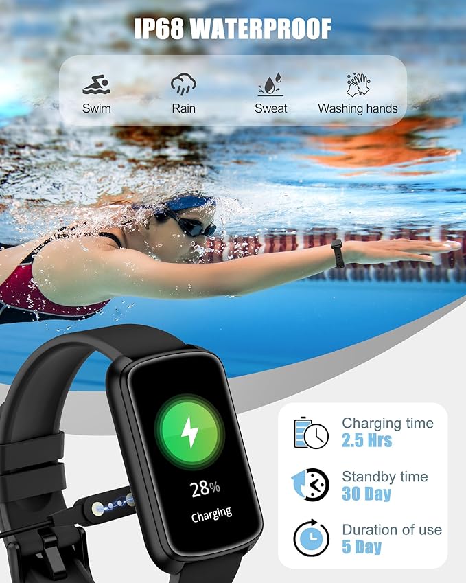 Fitness Tracker, Smart Watch for Women Men with 24/7 Heart Rate/Blood Pressure/Blood Oxygen Monitor,Sleep Tracker,Step & Calorie Counter, IP68 Waterproof Fitness Watches Compatible with Android&iPhone