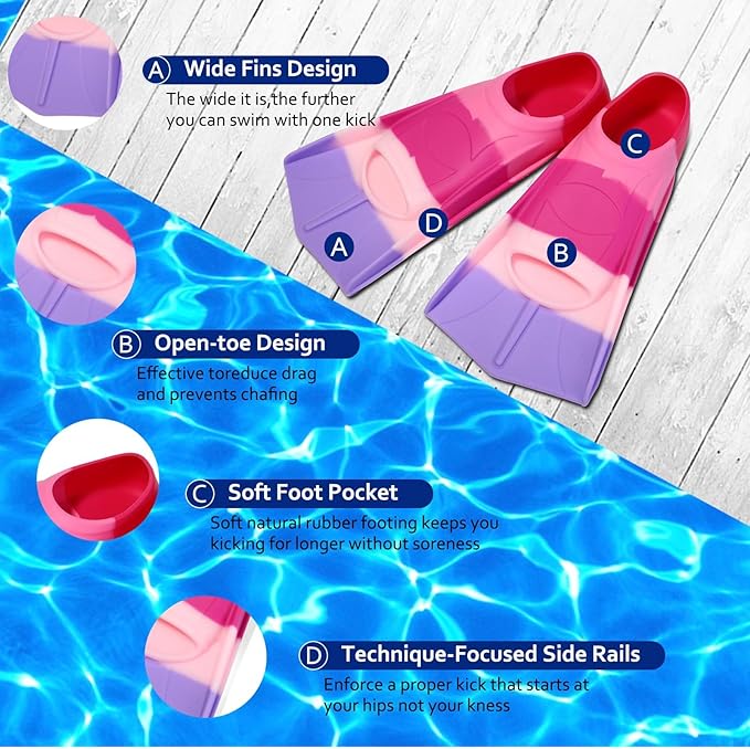 Kids Swim Fins,Short Kids Fins Youth Swimming Flippers for Lap Swimming Training for Children Girls Boys Beginners