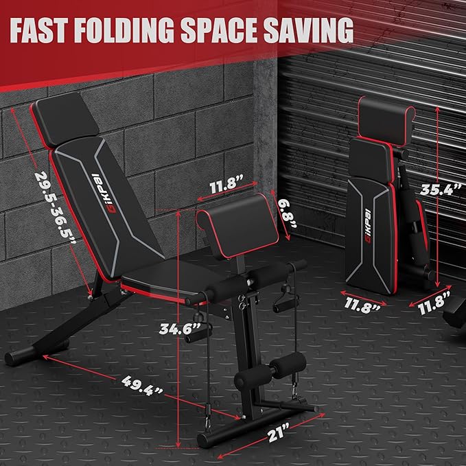 Adjustable Weight Bench, Bench Press for Full Body Workout, Foldable Workout Bench for Home Gym, Strength Training Bench to Incline Decline Flat w/Leg Extension and Headrest