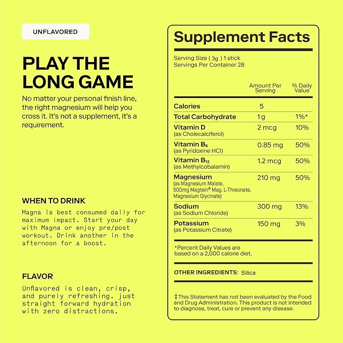MAGNA Electrolyte Powder Drink Mix for Hydration, Energy & Focus Support with Magnesium L Threonate, Malate & Glycinate, Sodium, Potassium, Vitamin D, B6 & B12, Unflavored, 7 Servings