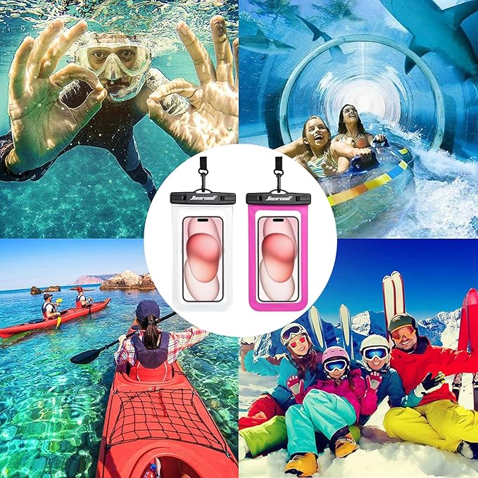 Hiearcool Universal Waterproof Phone Pouch,IPX8 Cell Phone Waterproof Case Up to 8.3" for iPhone 17 16 15 14 13 Pro Max,Beach Essentials Vacation Must Haves-Clear&Bright Red-2Pack