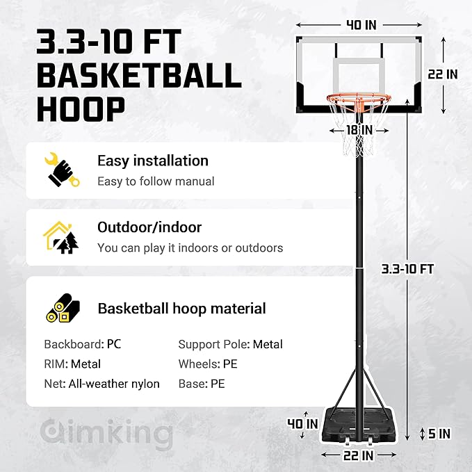 Aimking Basketball Hoop Outdoor 3.3-10FT 5s-Rapid-Adjustable, 40/44 inch Shatterproof Backboard & Enlarged Base, Portable Basketball Hoop & Goal for Kids/Adults/Families in Poolside/Backyard/Indoor