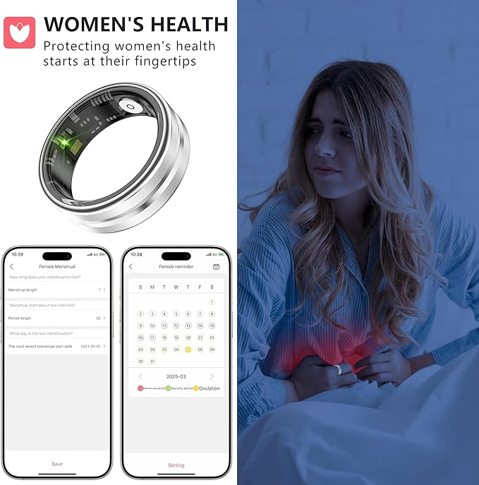 Thin Smart Ring for Fitness & Health Tracking -Pedometer,Sleep/Heart Rate/Blood Oxygen Monitor, Gesture Control / 5ATM Waterproof -No APP Subscription Compatible with Android& iOS (Silver, 9)