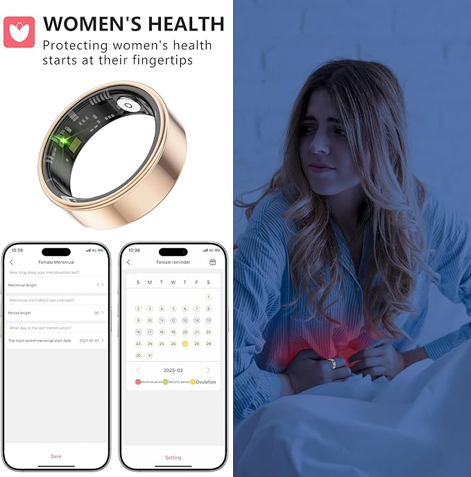 Thin Smart Ring for Fitness & Health Tracking -Pedometer,Sleep/Heart Rate/Blood Oxygen Monitor, Gesture Control / 5ATM Waterproof -No APP Subscription Compatible with Android& iOS (Rose Gold, 11)