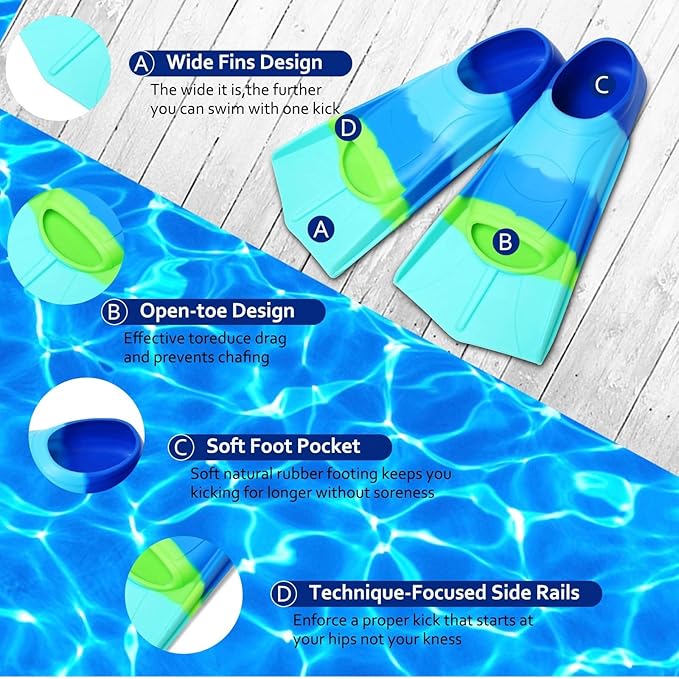 Kids Swim Fins,Short Kids Fins Youth Swimming Flippers for Lap Swimming Training for Children Girls Boys Beginners