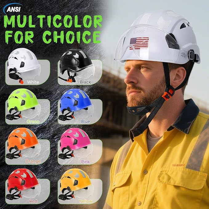 AOLAMEGS Construction Safety Hard Hat - ANSI Z89.1 Type Ι OSHA Approved Safety Helmets with Chin Straps Lightweight Reflective Vented ABS Hard Hats For Men Women Industrial Workwear 6-point Suspension