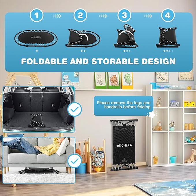 ANCHEER 56" Double Mini Trampoline for Kids, Mini Rebounder with 5-Level Adjustable Handle, Parent-Child Trampoline for Kids, Max Load 220lbs, Fun for Indoor/Outdoor