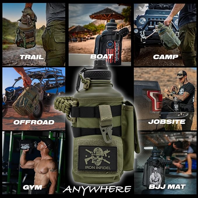 Iron Infidel Battle Bottle - Half Gallon Insulated Water Bottle with Paracord Handle, Large 64 oz Stainless Steel Water Jug with Rugged, Removable Sleeve for Keys, Wallet & Phone (Gangrene 2L)