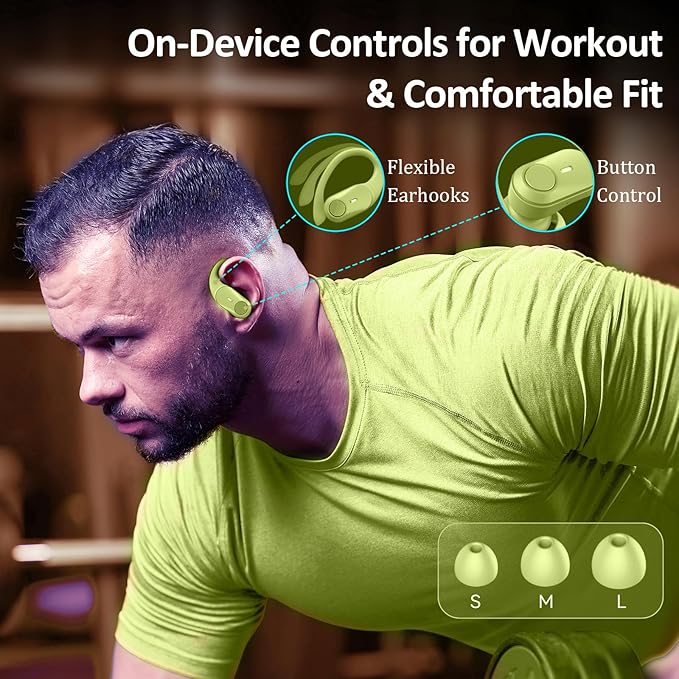 GOLREX Active Noise Cancelling Ear Buds Wireless Earbuds Bluetooth Headphones with 80H Playtime LED Display Wireless Charging Case, Over-Ear Hooks Earbud for Sports Running Gym Workout Yellow Green