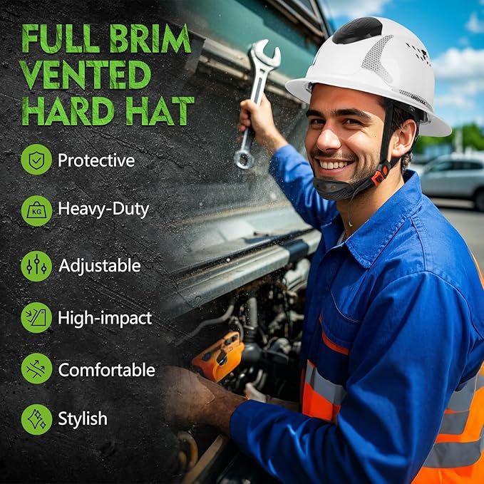 GREEN DEVIL Matrix Full Brim Hard Hat with Headlight Vented Construction Safety Helmet OSHA Approved Cascos De Construccion Work Hardhat for Men&Women
