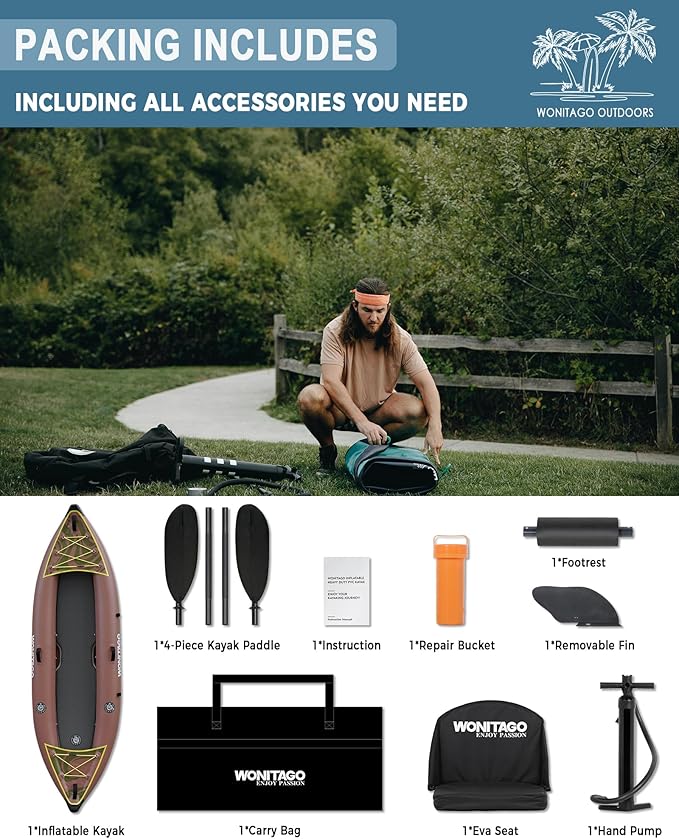PVC Inflatable Kayak with Drop Stitch Floor, Recreational Touring Kayak with Kayak Paddle, Hand Pump and Carrying Bag, 1-2 Person