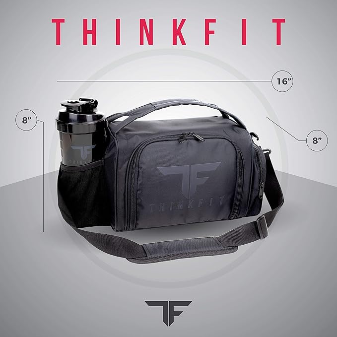 ThinkFit Insulated Meal Prep Lunch Box with 6 BPA-Free, Reusable, Microwavable, Freezer Safe Food Portion-Control Containers, Shaker Cup, Pill Organizer, Lunch Bag with Storage Pocket - (Black)