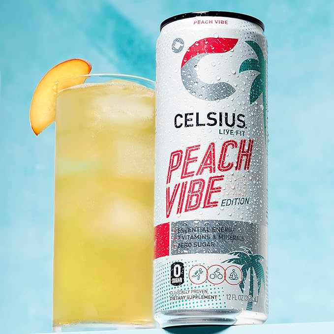CELSIUS Sparkling Peach Vibe, Functional Essential Energy Drink 12 Fl Oz (Pack of 4)