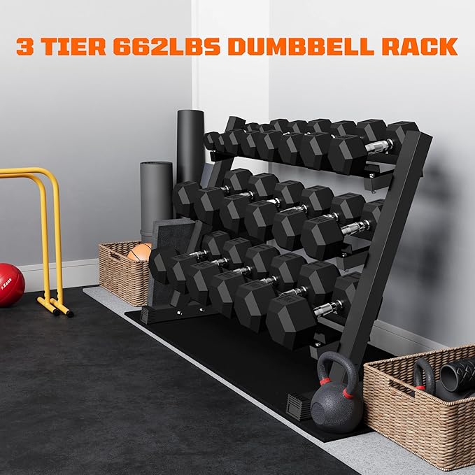450/550 Dumbbell Sets with Rack, Rubber Hex Dumbbells, Free Weight set for Home Gym, Hand Weights with Chrome Handle for Strength Training