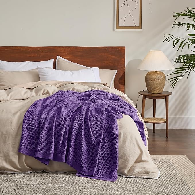 Bedsure 100% Cotton Blanket Queen Size for Bed - Breathable and Soft, Waffle Weave Blanket for Summer, Thick Cozy Fall Blankets for Women Gift, Purple, 90x90 Inches