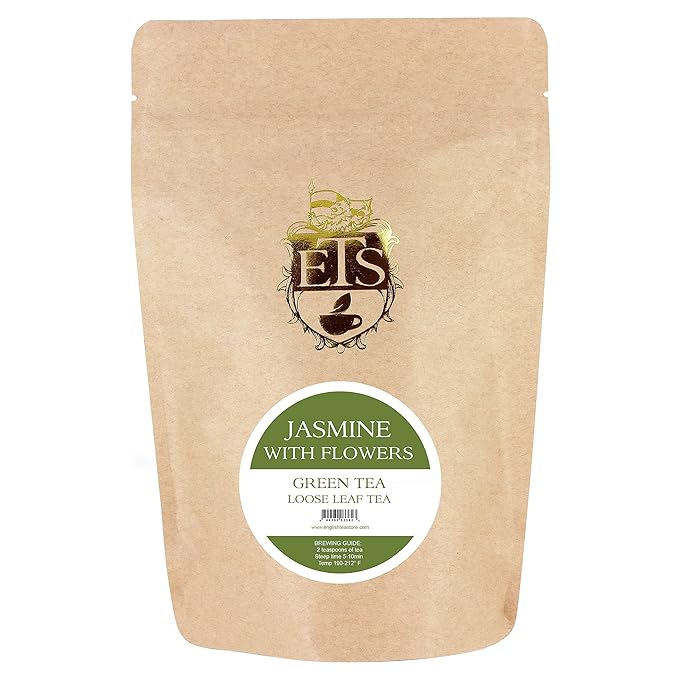 Jasmine with Flowers Green Tea | Loose Leaf Green Tea from Fujian Province | Fragrant Floral Aroma | Light & Smooth Steamed Tea | 4oz Resealable Pouch | Relaxing Herbal Tea | Natural Jasmine Scent
