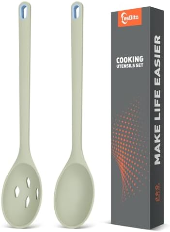 Silicone Cooking Spoon, Solid&Slotted Spoons, 2 Pack by TesQita