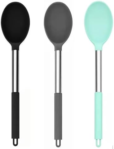 Silicone Solid Cooking Spoon Set, Metal Basting Spoon, Kitchen Utensils by Cyoufine