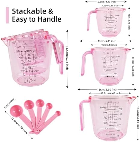 Pink Plastic Measuring cup Measuring spoon Set: 3 Stackable Liquid Measuring - Image 3