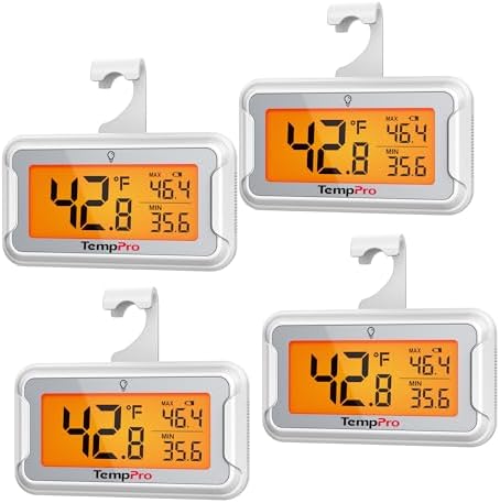 TempPro TempAir Refrigerator Thermometer 4 Pack, Large Backlit LCD Display by TempPro