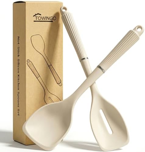 13Inch Silicone Cooking Spoon Spatula, Large Rubber Solid Slotted Spoon Set by TOWINGO