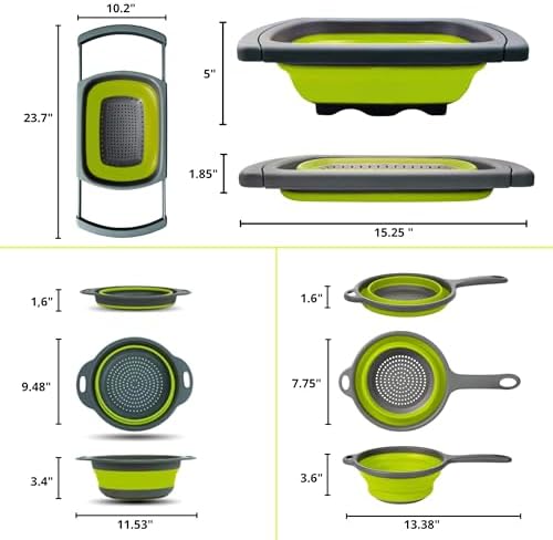 3PCS Green Foldable Kitchen Strainer Set – Silicone Colander Collapsible - Image 2