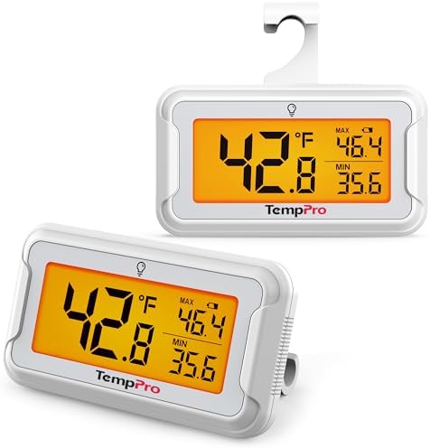 TempPro TempAir Refrigerator Thermometer 2 Pack, Large Backlit LCD Display by TempPro