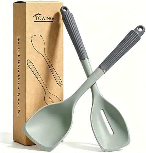 13Inch Silicone Cooking Spoon Spatula, Large Rubber Solid Slotted Spoon Set by TOWINGO