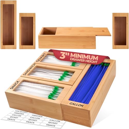 Bamboo Storage Bag Organizer for Kitchen Drawer, Plastic Baggie Organizer by Woodenhouse