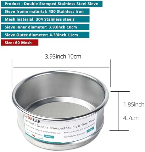 4" 304 Stainless Steel Lab Sieve, 60 Mesh Screen Sifter - Image 2
