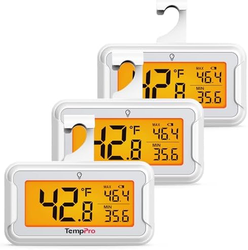 TempPro TempAir Refrigerator Thermometer 3 Pack, Large Backlit LCD Display by TempPro