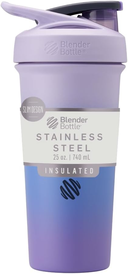 BlenderBottle Sport Sleek Insulated Stainless Steel Shaker Bottle with Wire Whisk, 25-Ounce, Lavender Ombre – Protein Shakes & Hydration for Athletes & Fitness Enthusiasts, Easy Mixing, Slim Easy to Hold, Keeps Drinks Cold, Lockable Lid