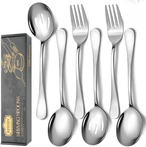 6 PCS Serving Spoons Set, Includes 2 Spoon/Slotted/Forks by KEYOXY