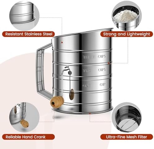 Flour Sifter for Baking, 3 Cup Hand Crank Sifter - Image 2