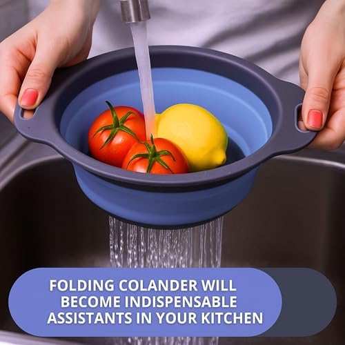 Blue Round Silicone Collapsible Colander – Silicone Round Kitchen Strainers - Image 6