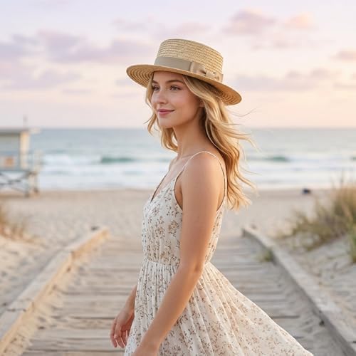 Classic Straw Boater Hat for Men and Women, Vintage Skimmer Flat Top Hat - Image 4