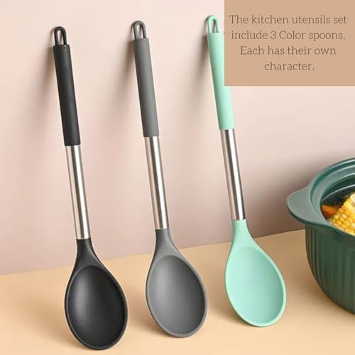 Silicone Solid Cooking Spoon Set, Metal Basting Spoon, Kitchen Utensils - Image 3