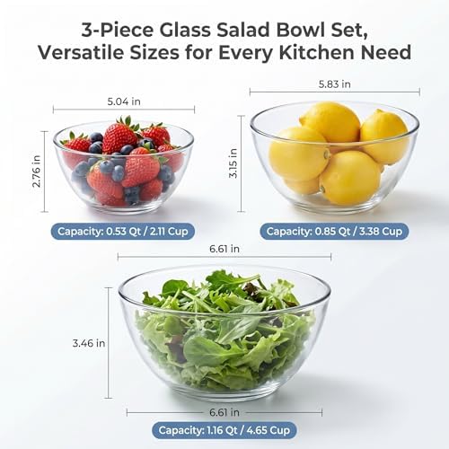 Glass Bowl Set of 3, Deep Sided Salad & Mixing Bowls - Image 3