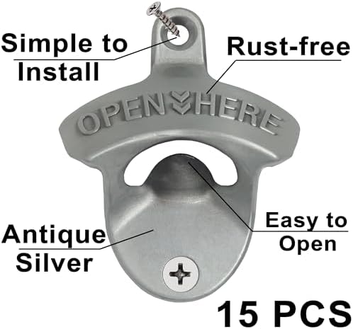15 PCS Vintage Wall Mount Bottle Opener Silver Rustproof Mountable Beer Bottle - Image 2