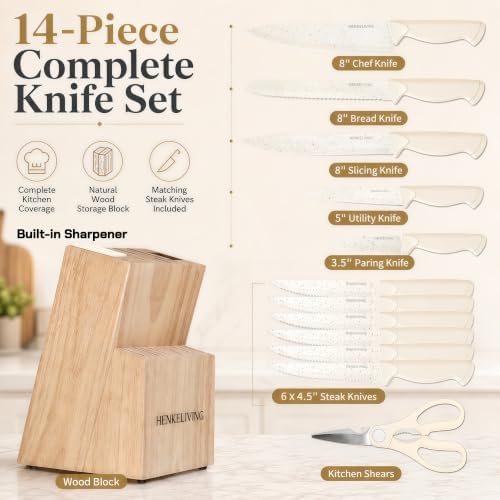 14-Piece Cream Kitchen Knife Block Set - Image 2