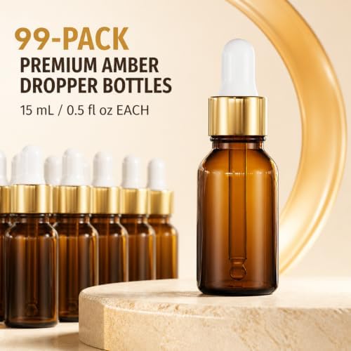 PrettyCare Glass Eye Dropper Bottles 99 Pack, 0.5oz Small Amber Empty Thick - Image 3