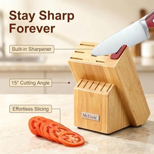 McCook Knife Set Red Kitchen Knife Block Set w Built-in Sharpener - Image 3