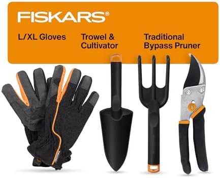 Fiskars 4-Piece Tool Set, Pruning Shears, Cultivator & L/XL Gloves by Unknown