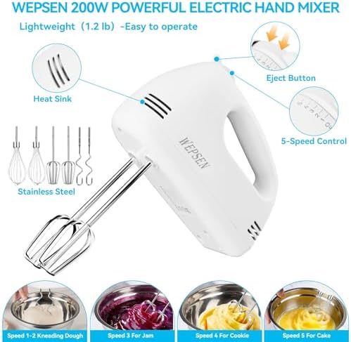WEPSEN Hand Mixer Electric Mixing Bowls Set, 5 Speeds Handheld Mixer - Image 3