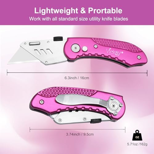 Vickay Folding Utility Knife, Heavy Duty Box Cutter, Razor Knife-Hot Pink - Image 2